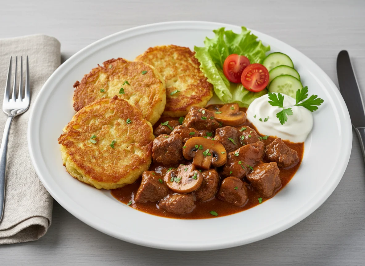 Gulasch mit Kartoffelpuffer und Sauerrahm photo