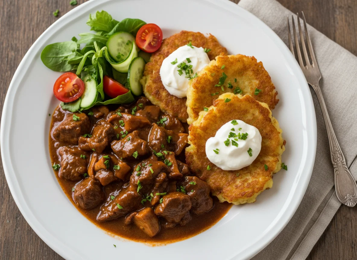 Gulasch mit Kartoffelpuffern und Sauerrahm photo