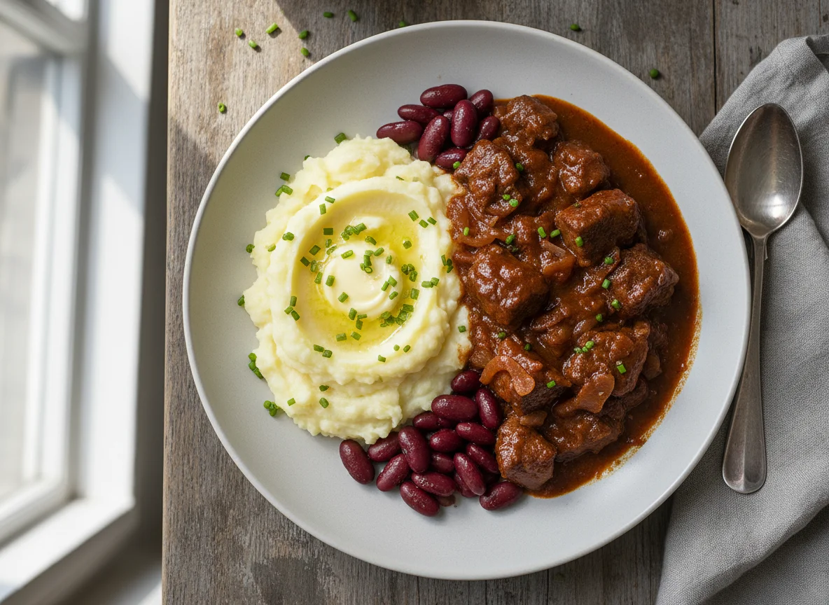 Gulasch mit Kartoffelpüree und Bohnen photo
