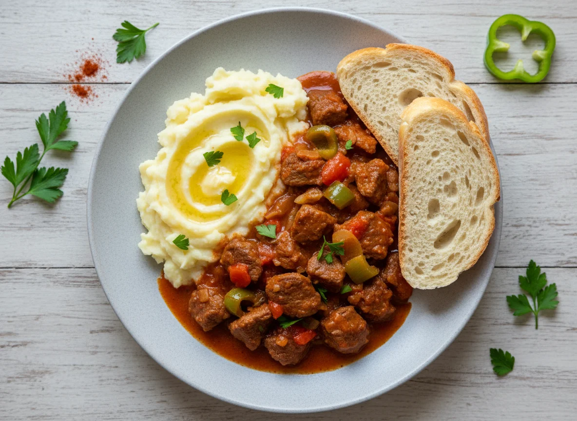 Gulasch mit Kartoffelpüree und Brot photo