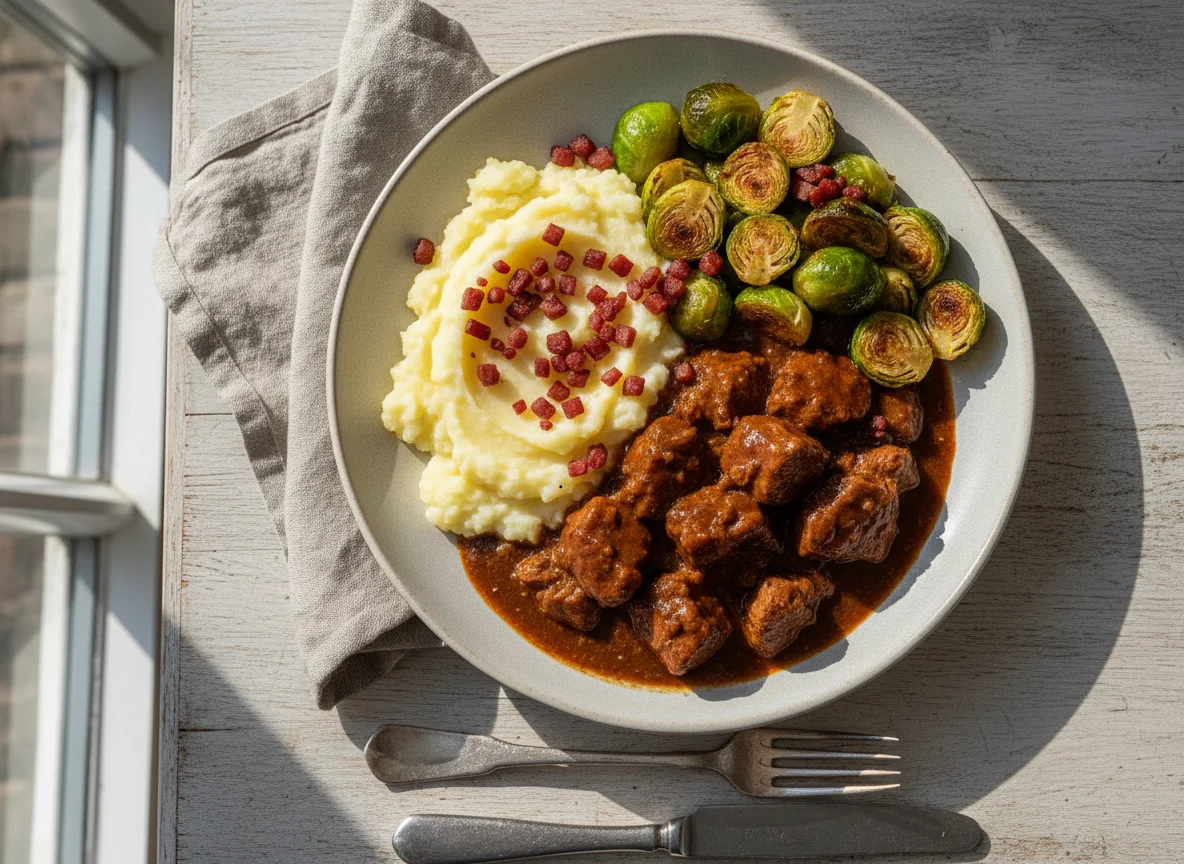Gulasch mit Kartoffelpüree und Rosenkohl photo