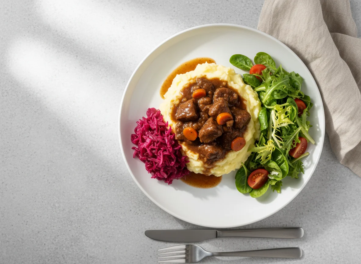 Gulasch mit Kartoffelpüree und Salat photo