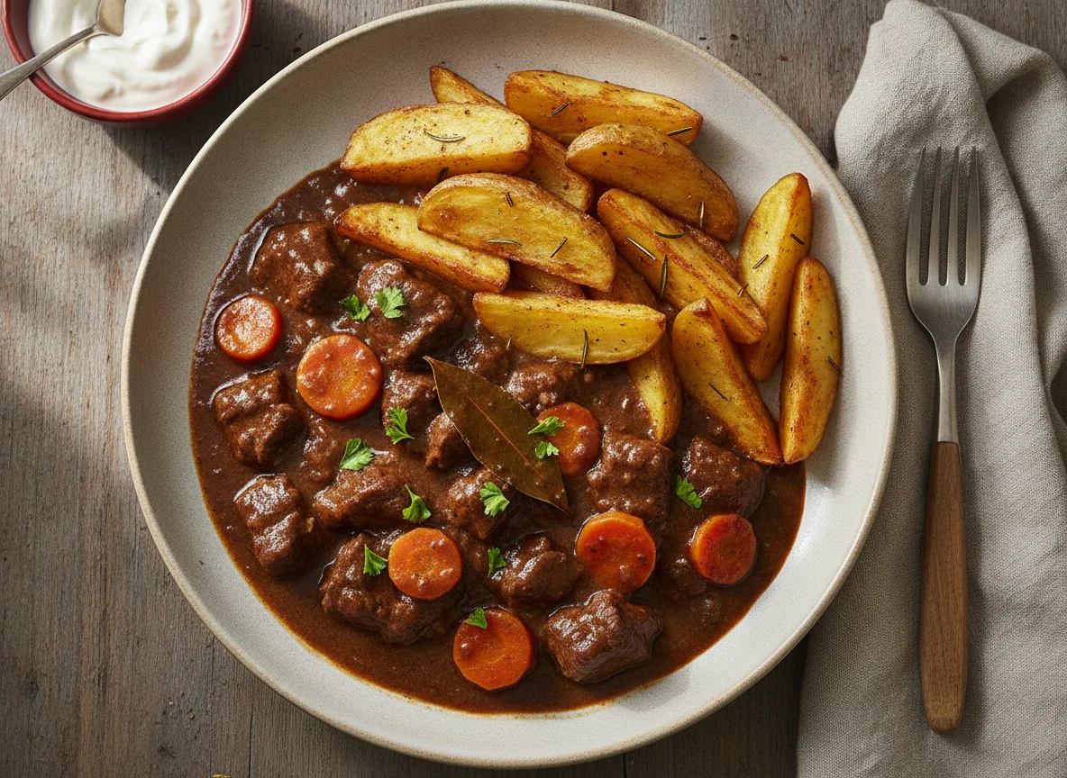 Gulasch mit Kartoffelspalten photo