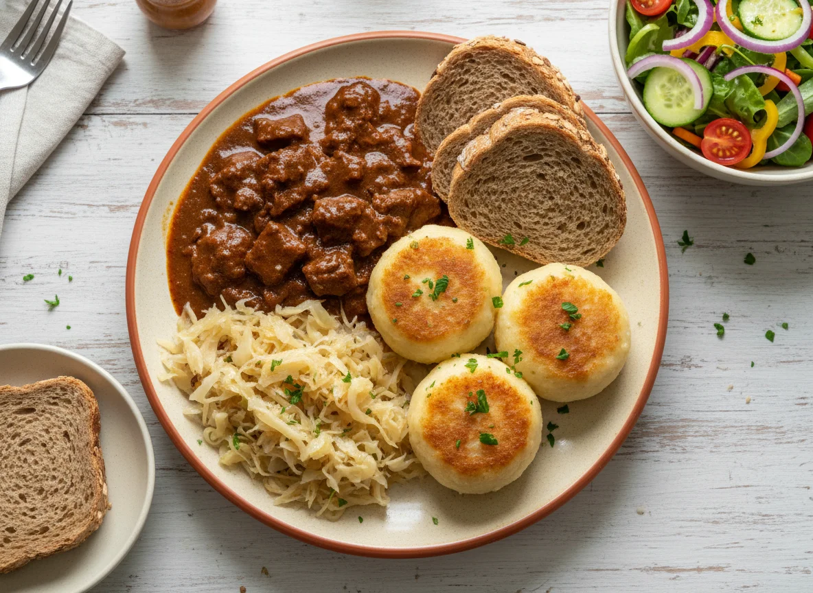 Gulasch mit Knödel, Kraut und Beilagensalat photo