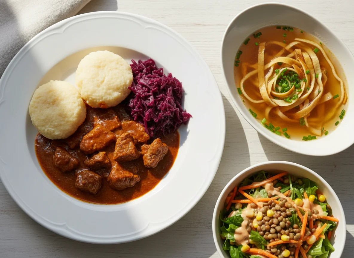 Gulasch mit Knödel, Rotkraut und Suppe mit Frittaten photo