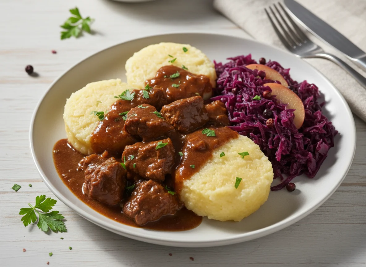 Gulasch mit Knödel und Rotkohl photo