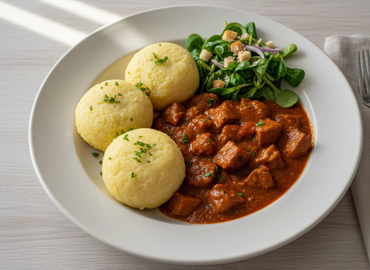 Gulasch mit Knödeln und Feldsalat photo
