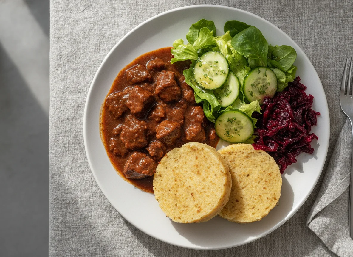 Gulasch mit Knödeln und gemischtem Salat photo