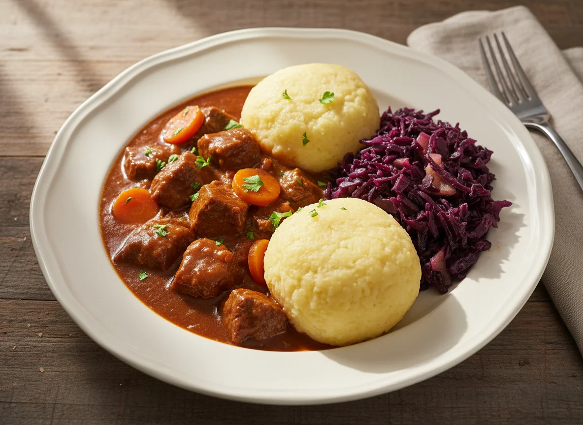 Gulasch mit Knödeln und Rotkohl photo