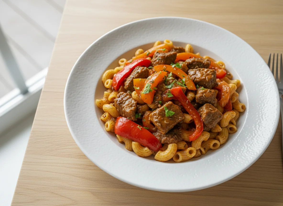Gulasch mit Makkaroni und Paprika photo