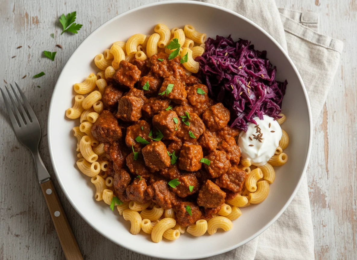 Gulasch mit Makkaroni und Rotkohl photo