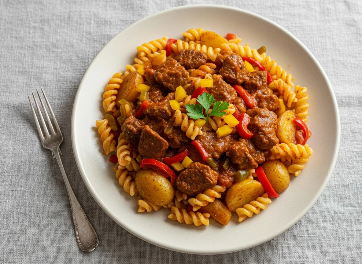 Gulasch mit Nudeln und Kartoffeln photo