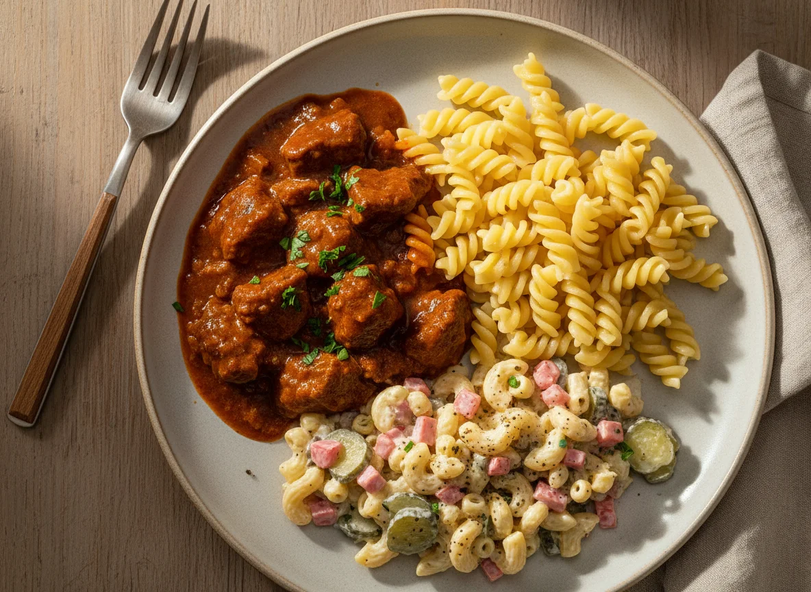 Gulasch mit Nudeln und Nudelsalat photo