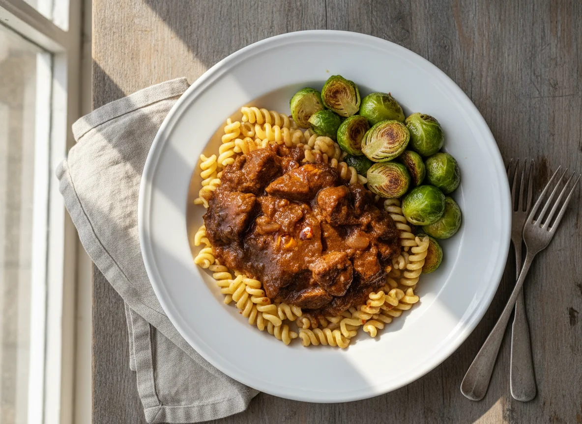 Gulasch mit Nudeln und Rosenkohl photo