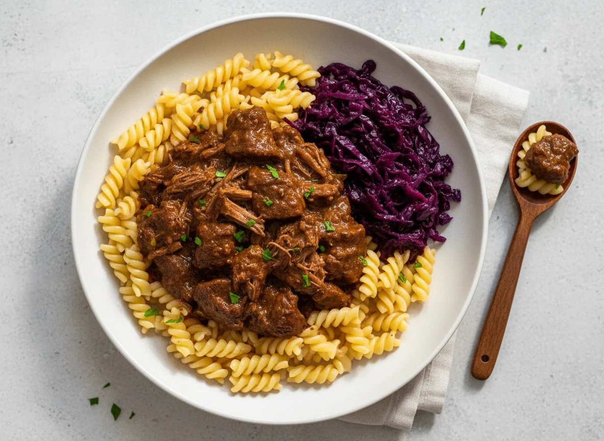 Gulasch mit Nudeln und Rotkohl photo