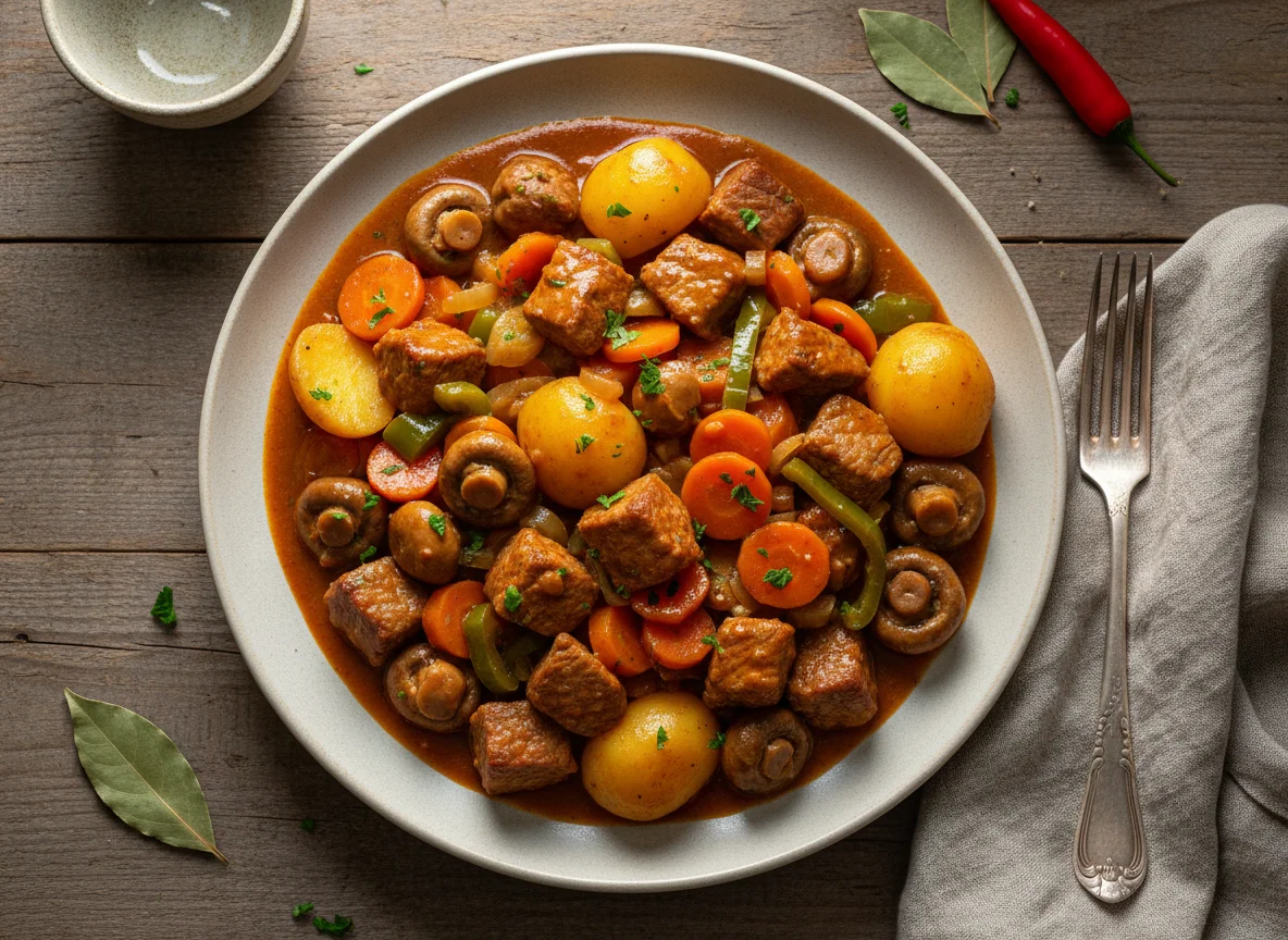 Gulasch mit Pilzen und Gemüse photo
