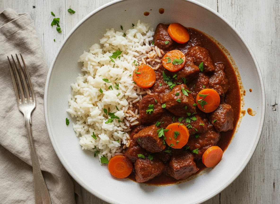 Gulasch mit Reis und Karotten photo