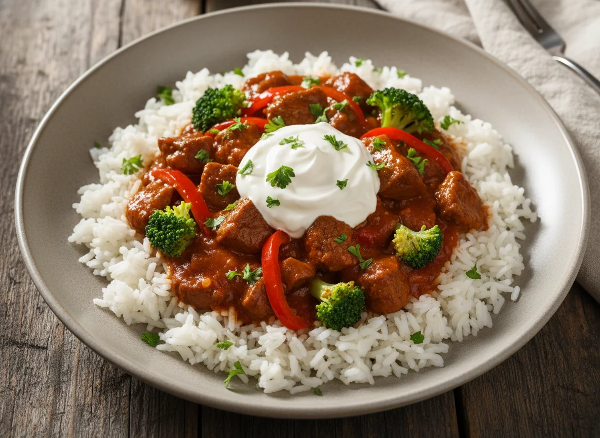 Gulasch mit Reis und Sauerrahm photo