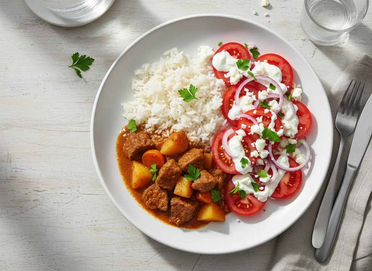 Gulasch mit Reis und Tomatensalat photo