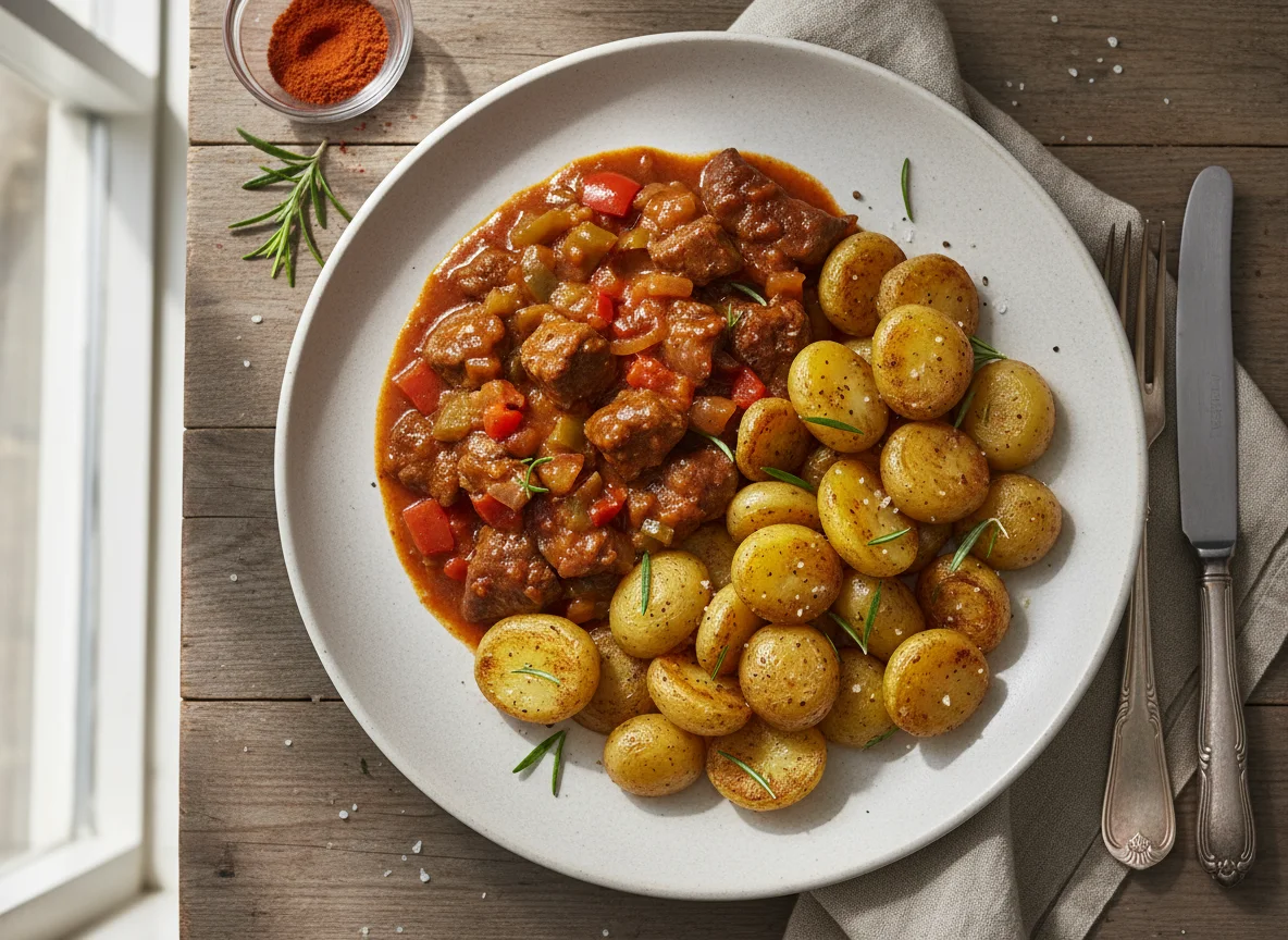 Gulasch mit Rosmarinkartoffeln photo