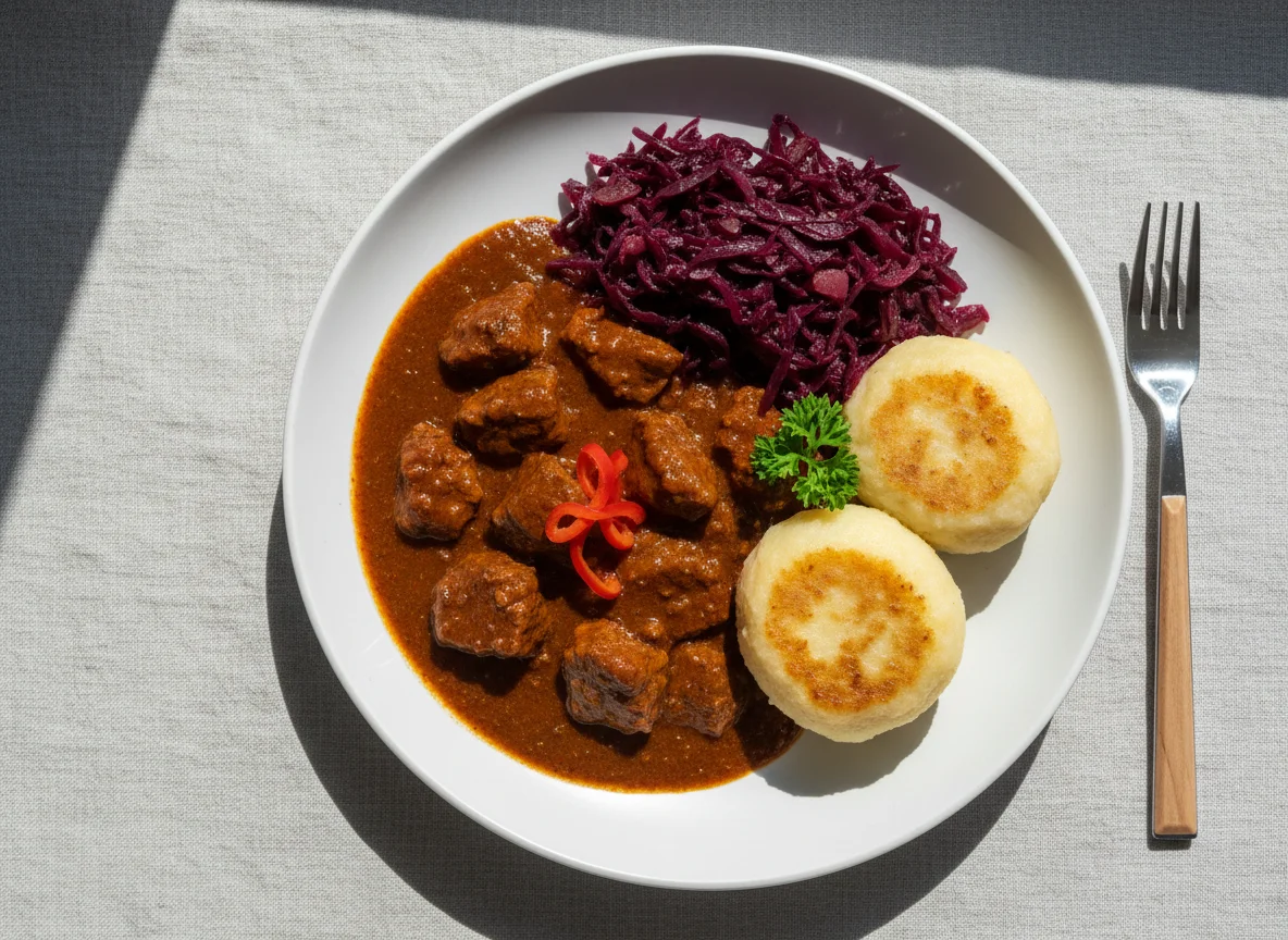 Gulasch mit Rotkohl und Kartoffelknödel photo