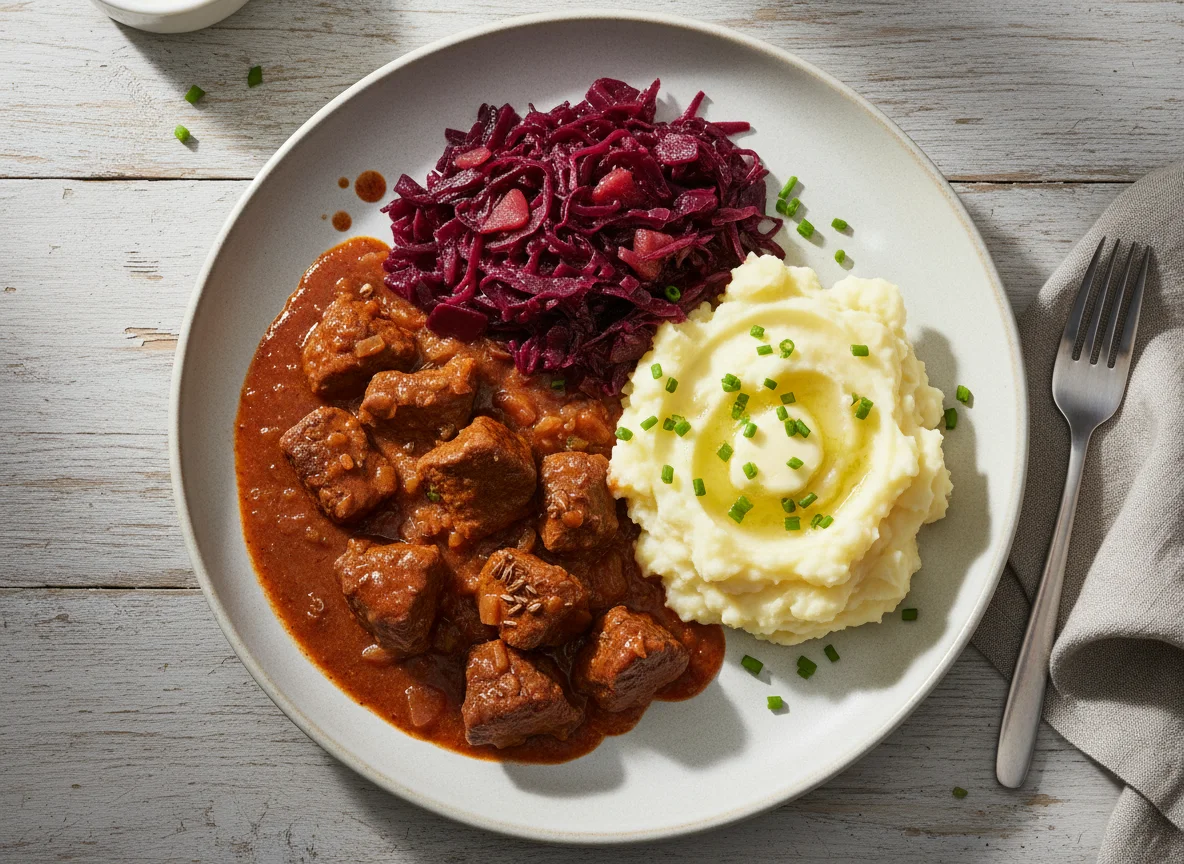 Gulasch mit Rotkohl und Kartoffelpüree photo