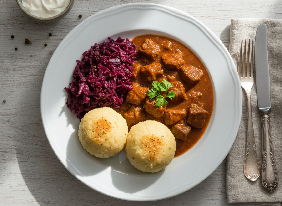 Gulasch mit Rotkohl und Klößen photo