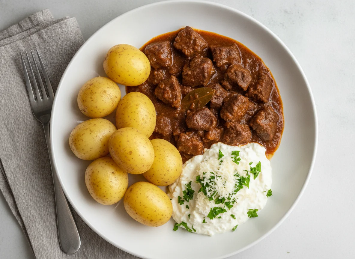 Gulasch mit Salzkartoffeln, Meerrettich und Quark photo