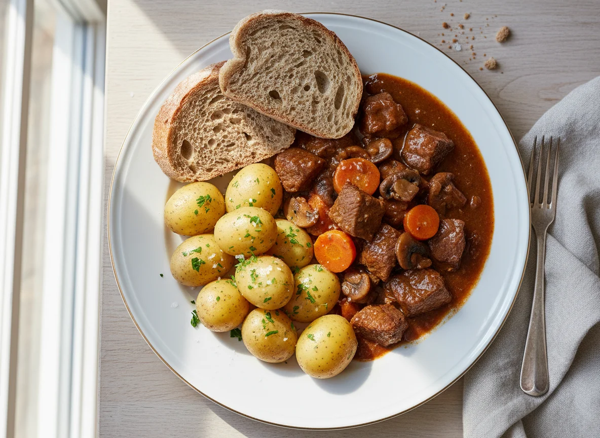 Gulasch mit Salzkartoffeln und Brot photo