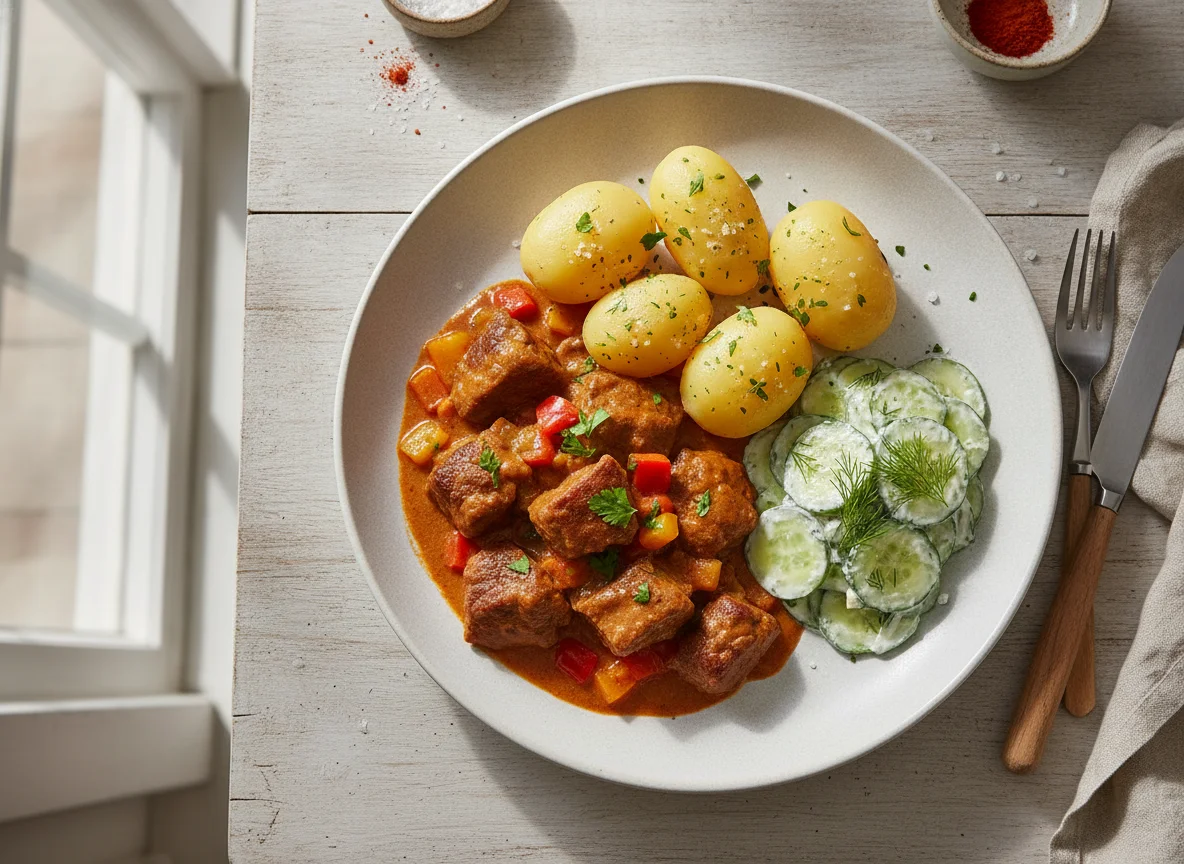 Gulasch mit Salzkartoffeln und Gurkensalat photo