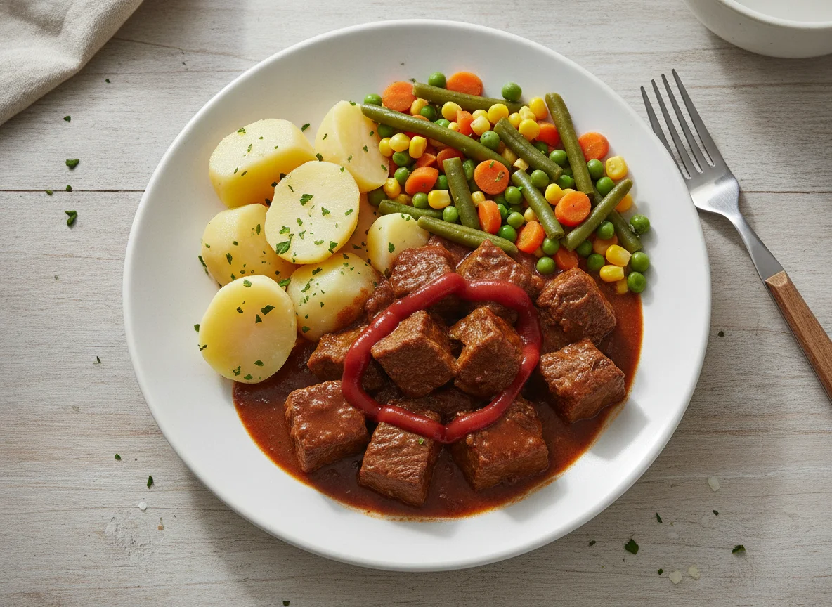 Gulasch mit Salzkartoffeln und Mischgemüse photo