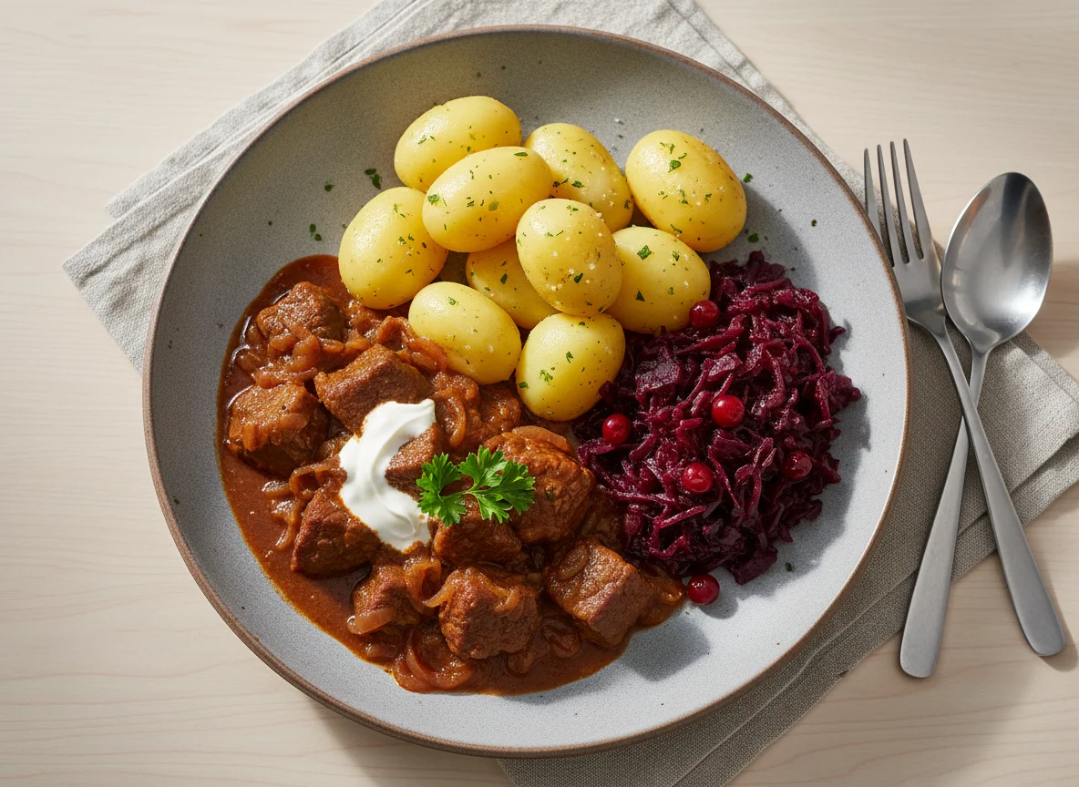 Gulasch mit Salzkartoffeln und Rotkohl photo