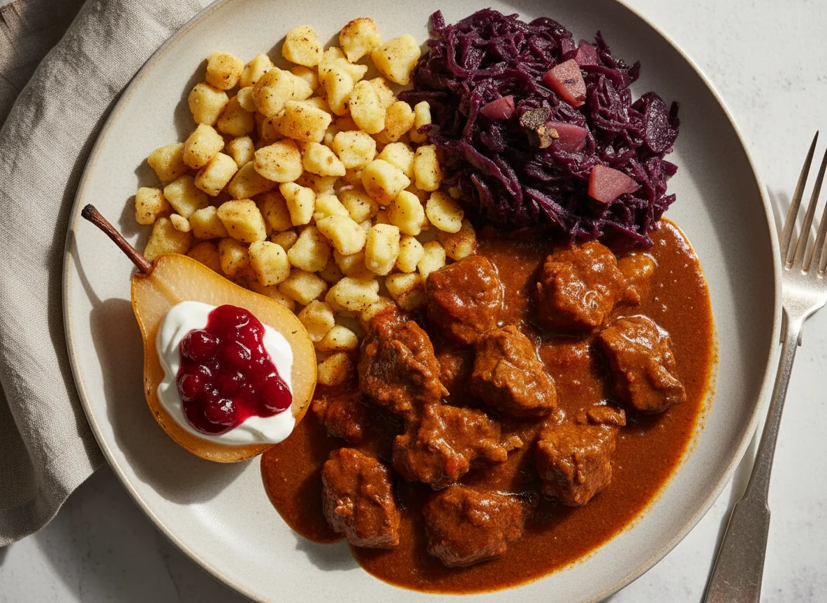 Gulasch mit Spätzle, Rotkohl und Birne Helene photo
