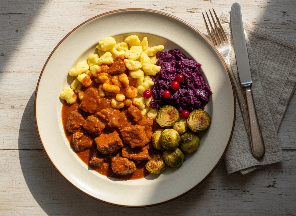 Gulasch mit Spätzle, Rotkohl und Rosenkohl photo