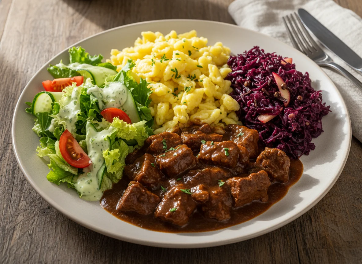 Gulasch mit Spätzle, Rotkohl und Salat photo