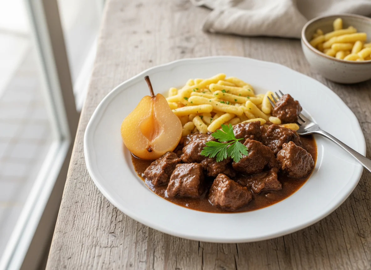 Gulasch mit Spätzle und Birnen photo