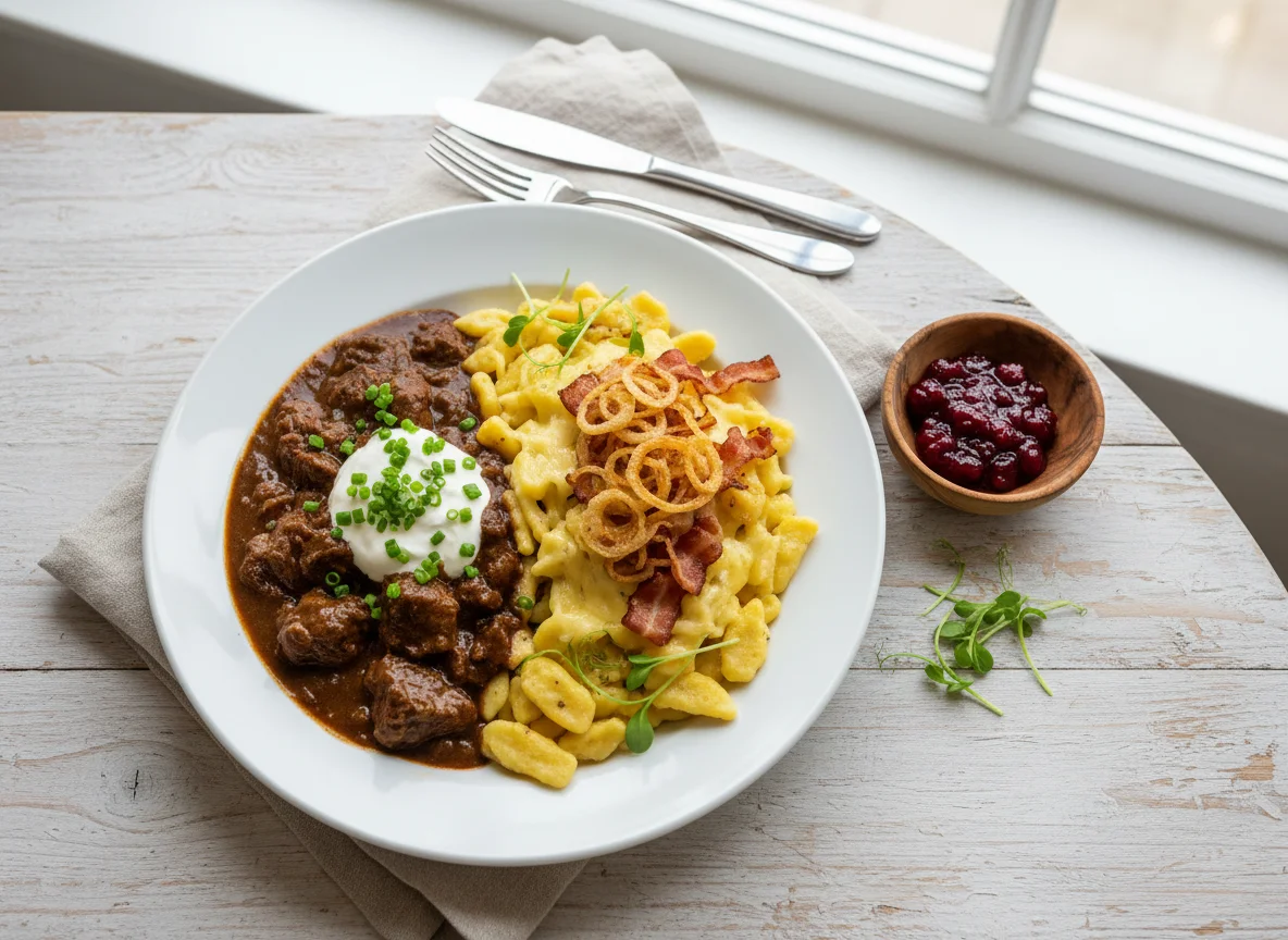 Gulasch mit Spätzle und Käsespätzle photo