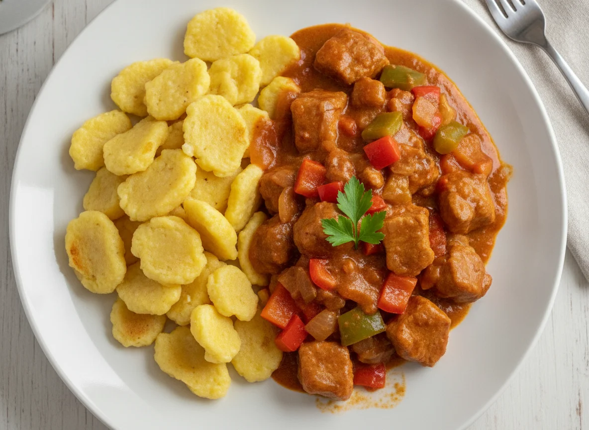 Gulasch mit Spätzle und Paprika photo