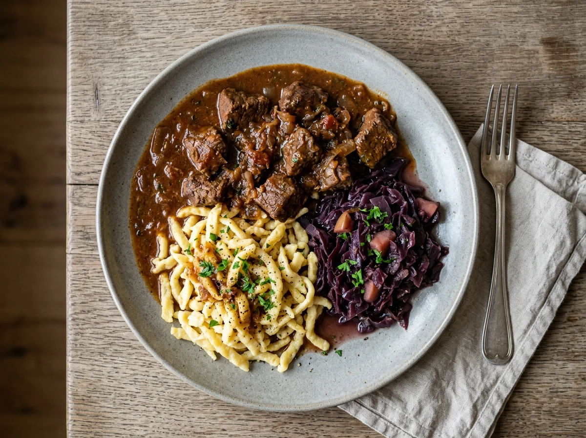 Gulasch mit Spätzle und Rotkohl photo