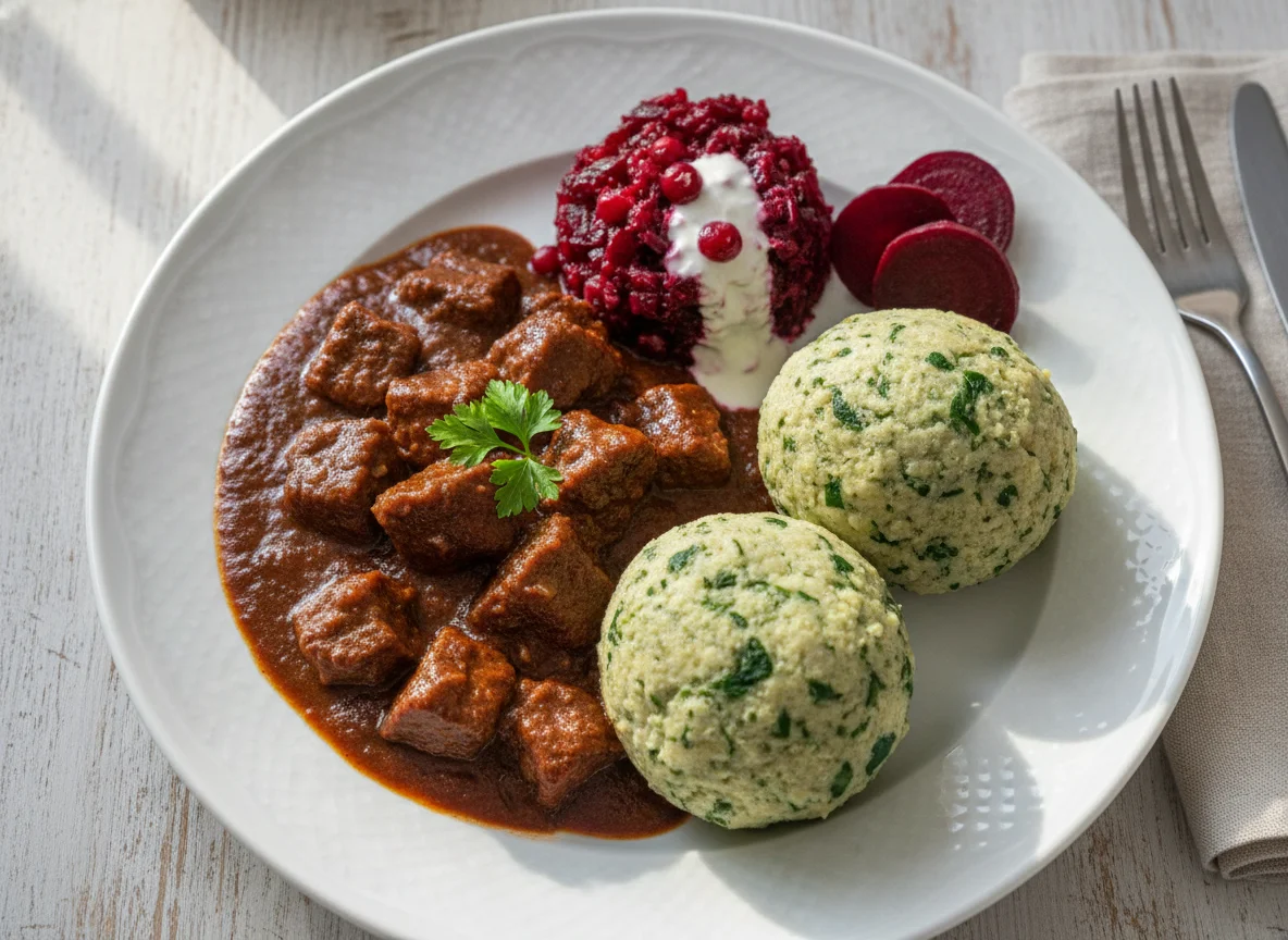 Gulasch mit Spinatknödel, Rote-Bete-Salat und Rote Bete mit Joghurt-Dressing photo