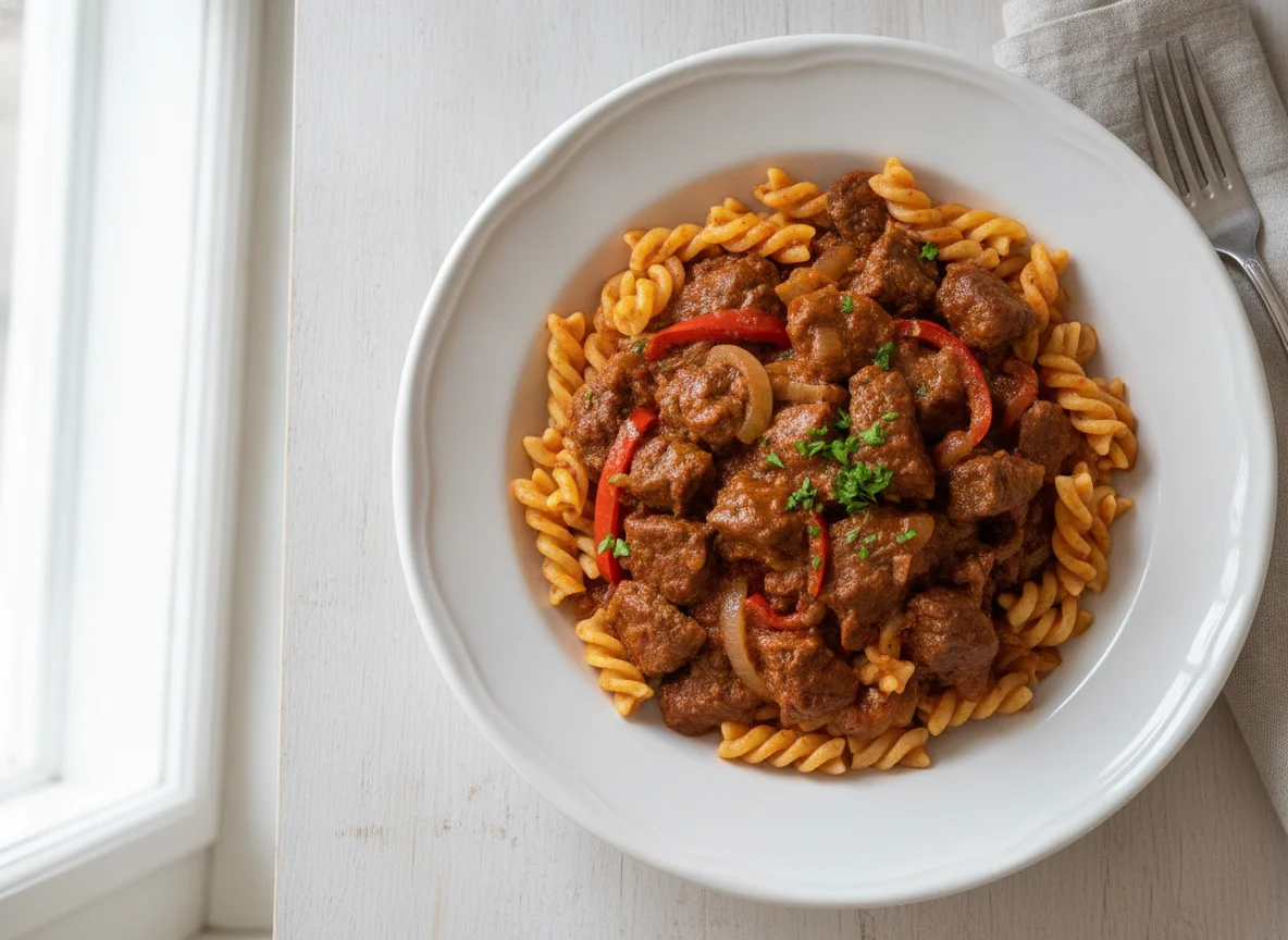 Gulasch mit Spirelli-Nudeln photo