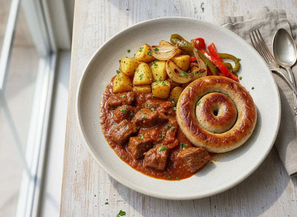 Gulasch mit Wurst und Gemüse photo