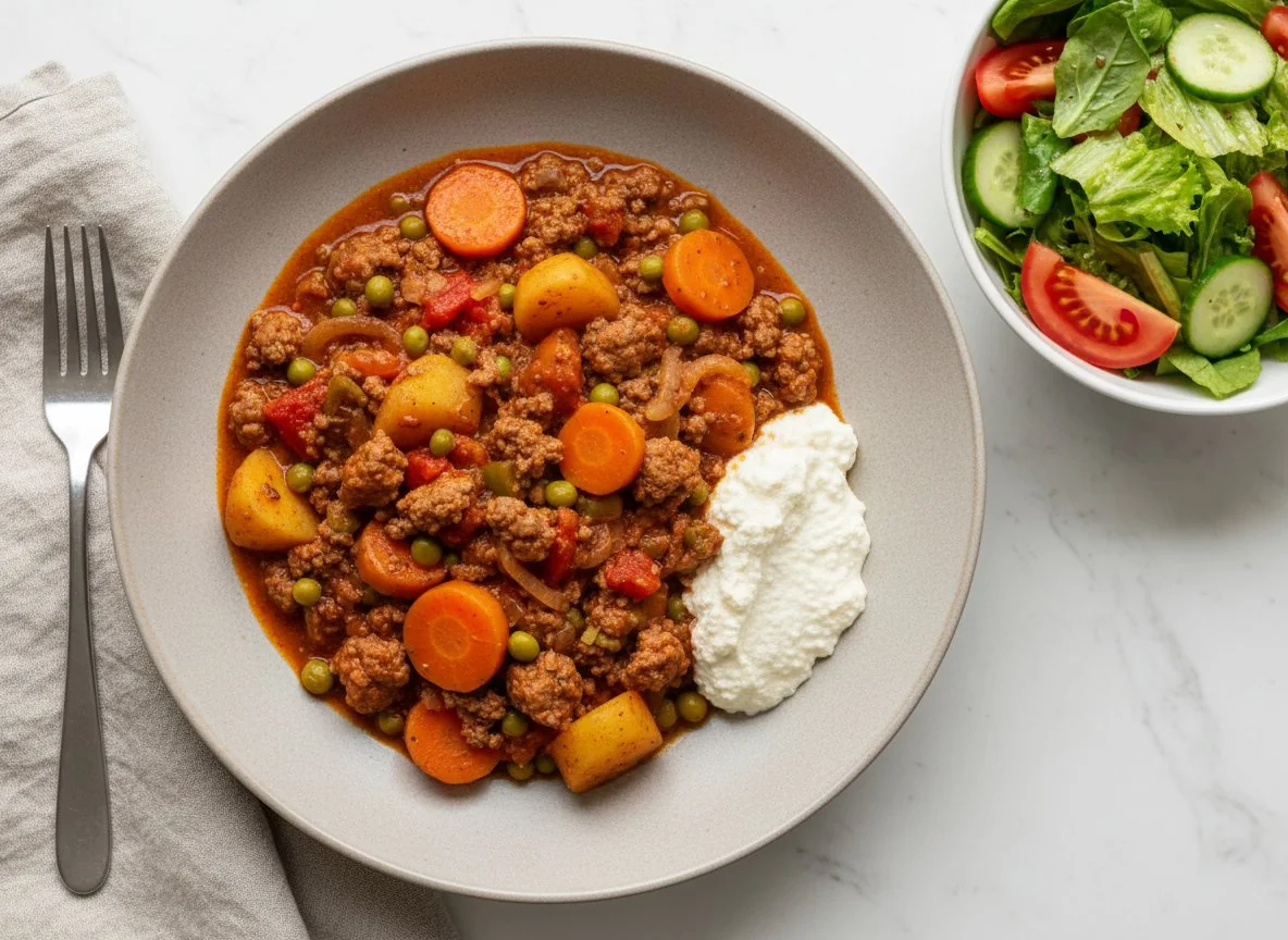 Gulaschartiger Eintopf mit Kartoffeln und Salat photo