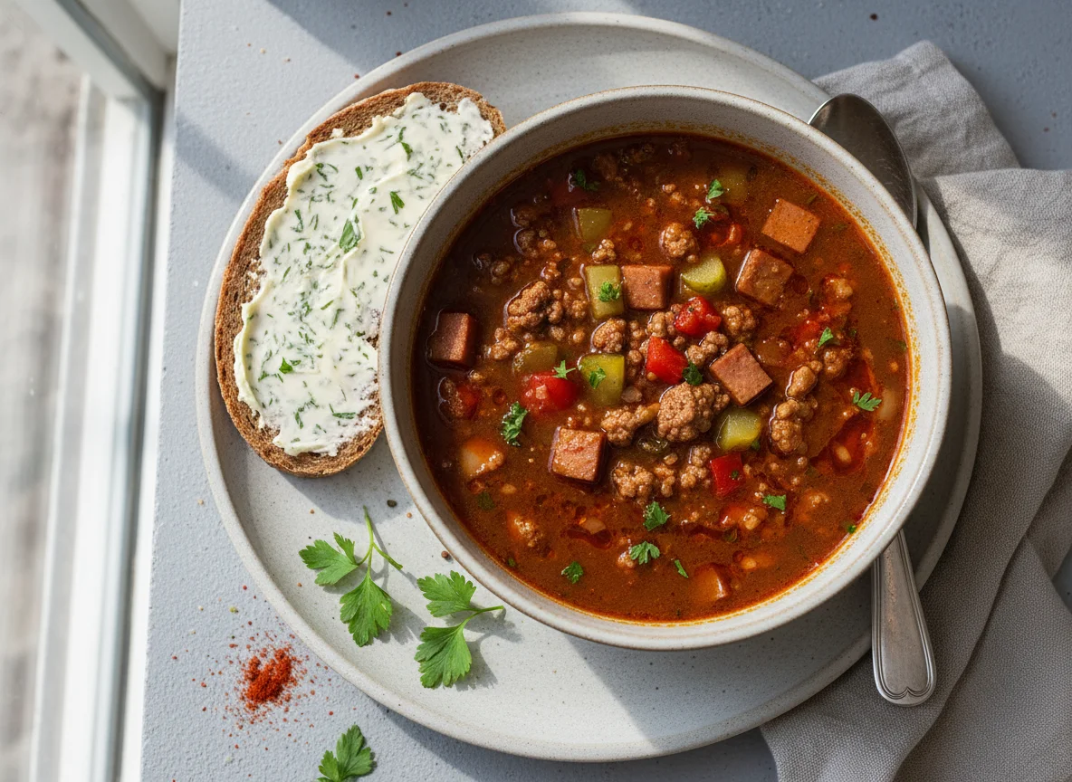 Gulaschsuppe mit Brot und Kräuterbutter photo
