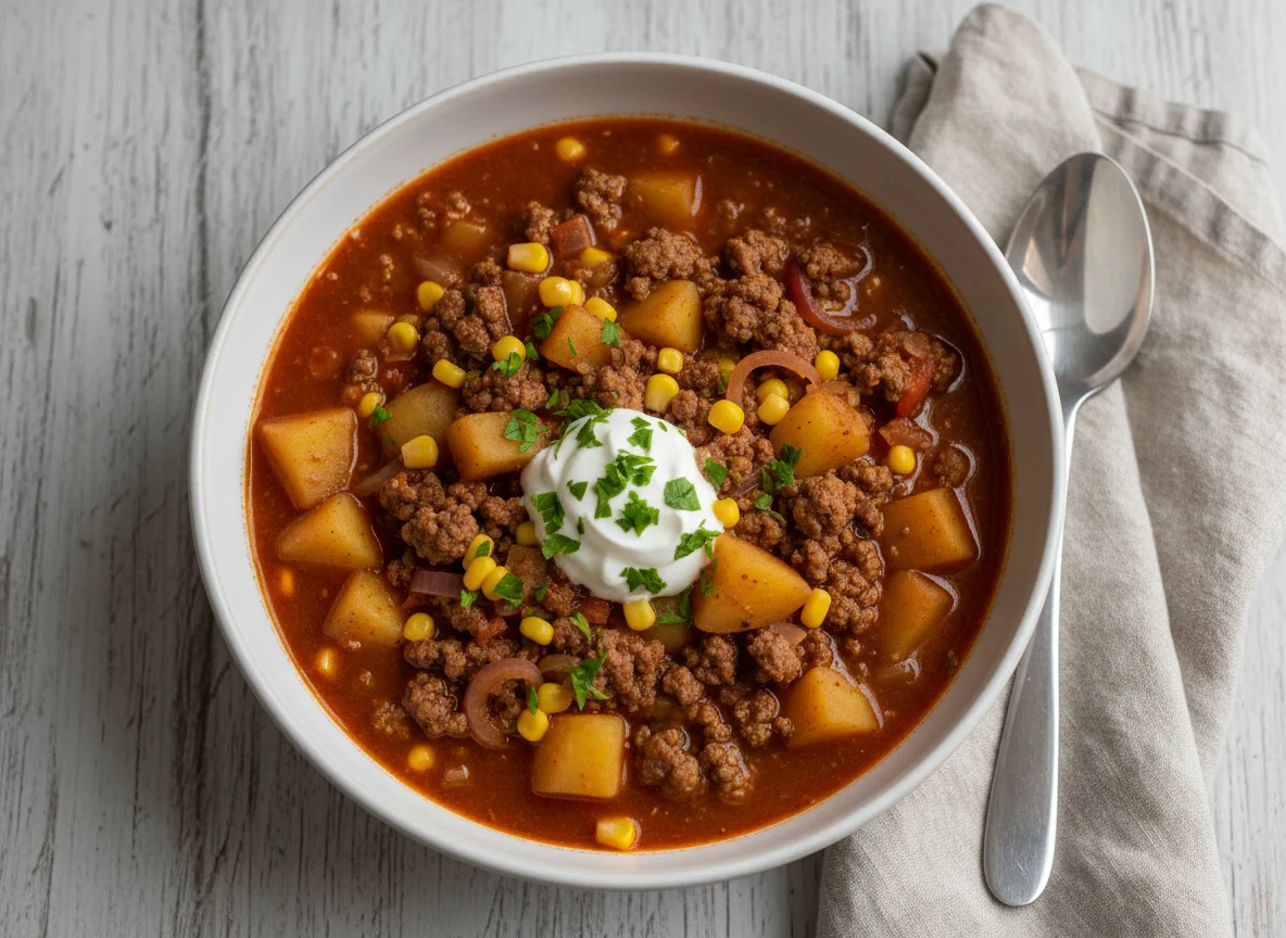 Gulaschsuppe mit Kartoffeln und Hackfleisch photo
