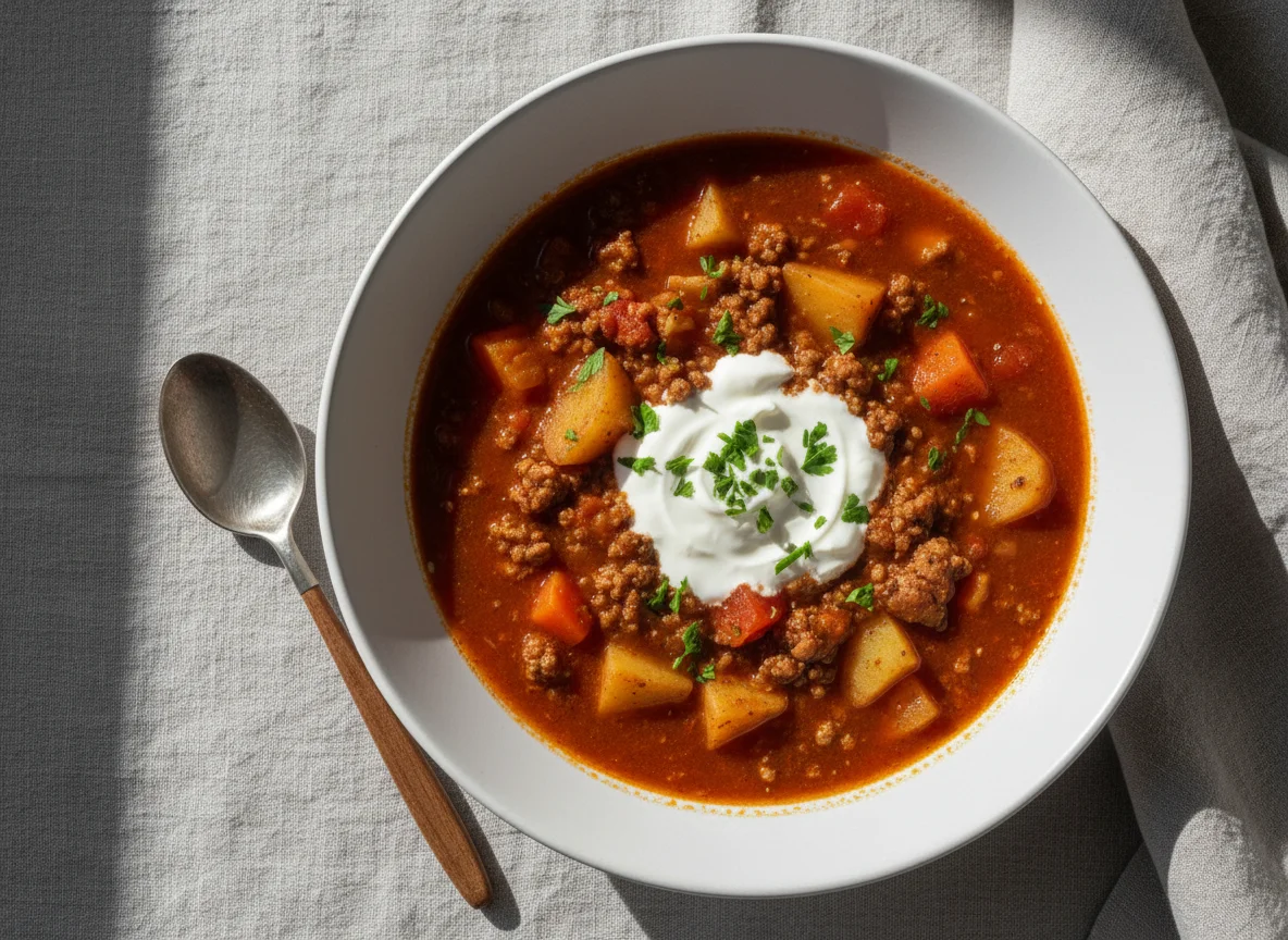 Gulaschsuppe mit Kartoffeln und Sauerrahm photo