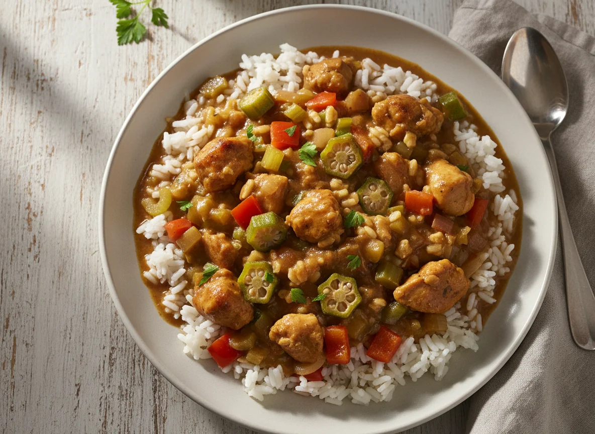 Gumbo mit Reis und Huhn photo