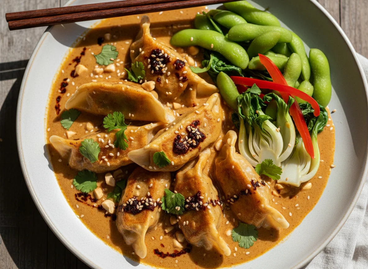 Gyoza in scharfer Erdnuss-Kokos-Sauce photo
