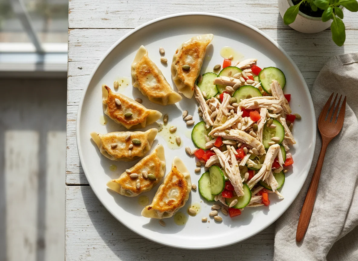 Gyoza mit Hähnchensalat photo