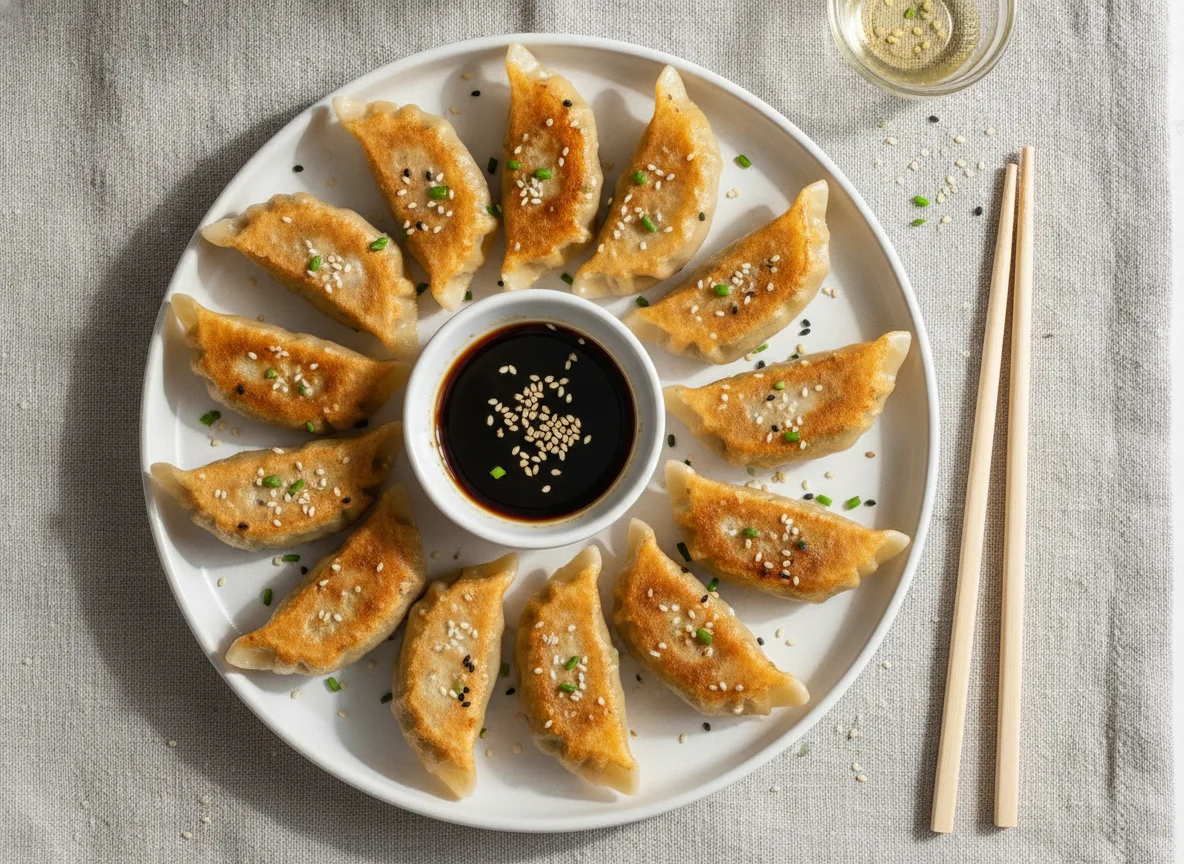 Gyoza mit Sojasauce und Sesam photo